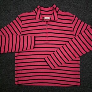 LL Bean Women's Medium Pink Navy Blue Striped 1/4 Quarter Zip Pullover Sweater
